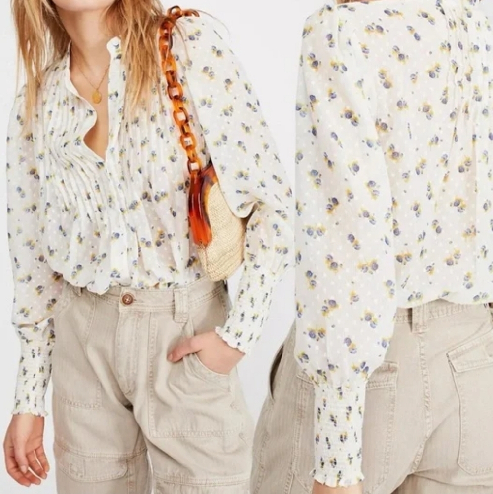 Free People Dainty Ethereal Romantic Sheer Flowers in December Blouse Size S
